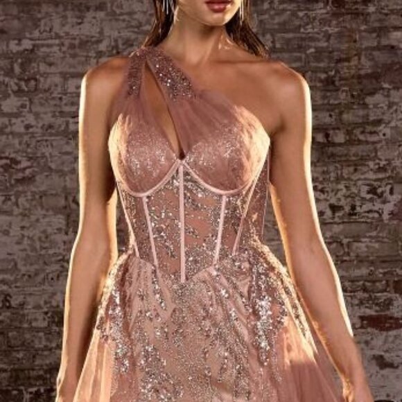 New One Shoulder Refined A-Line Gown w/ Sequins Embroidery & Overskirt CD J869 - Picture 5 of 9